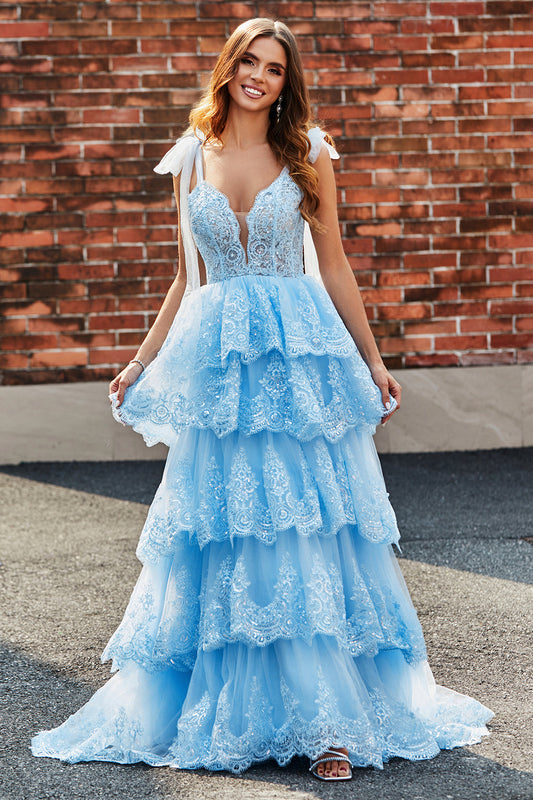 Tiered Tulle Sweetheart Bow Tie Straps Sequin Prom Dress with Appliques