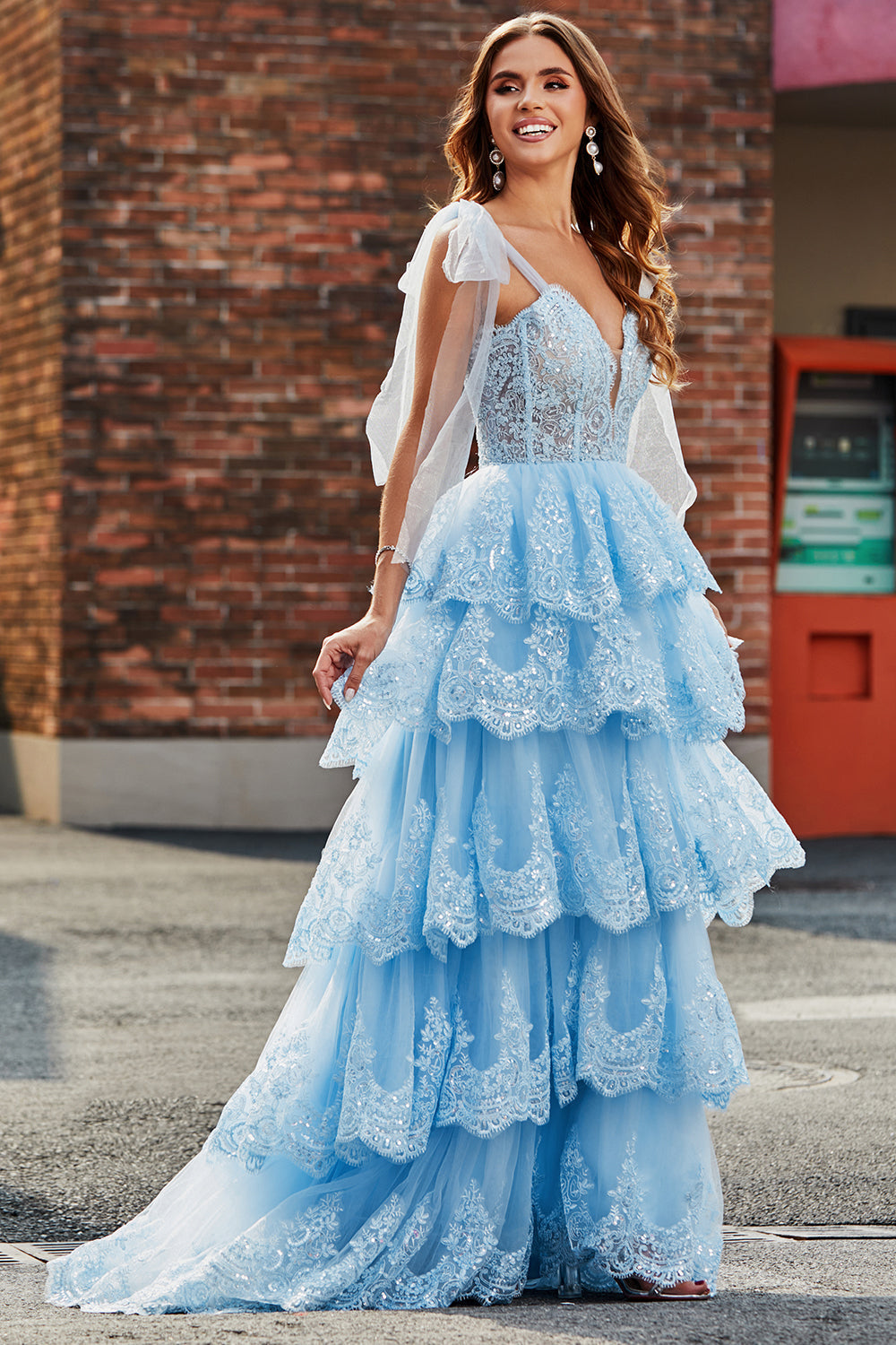 Zapakasa Women Light Blue Tiered Tulle Prom Dress Sweetheart Bow Tie