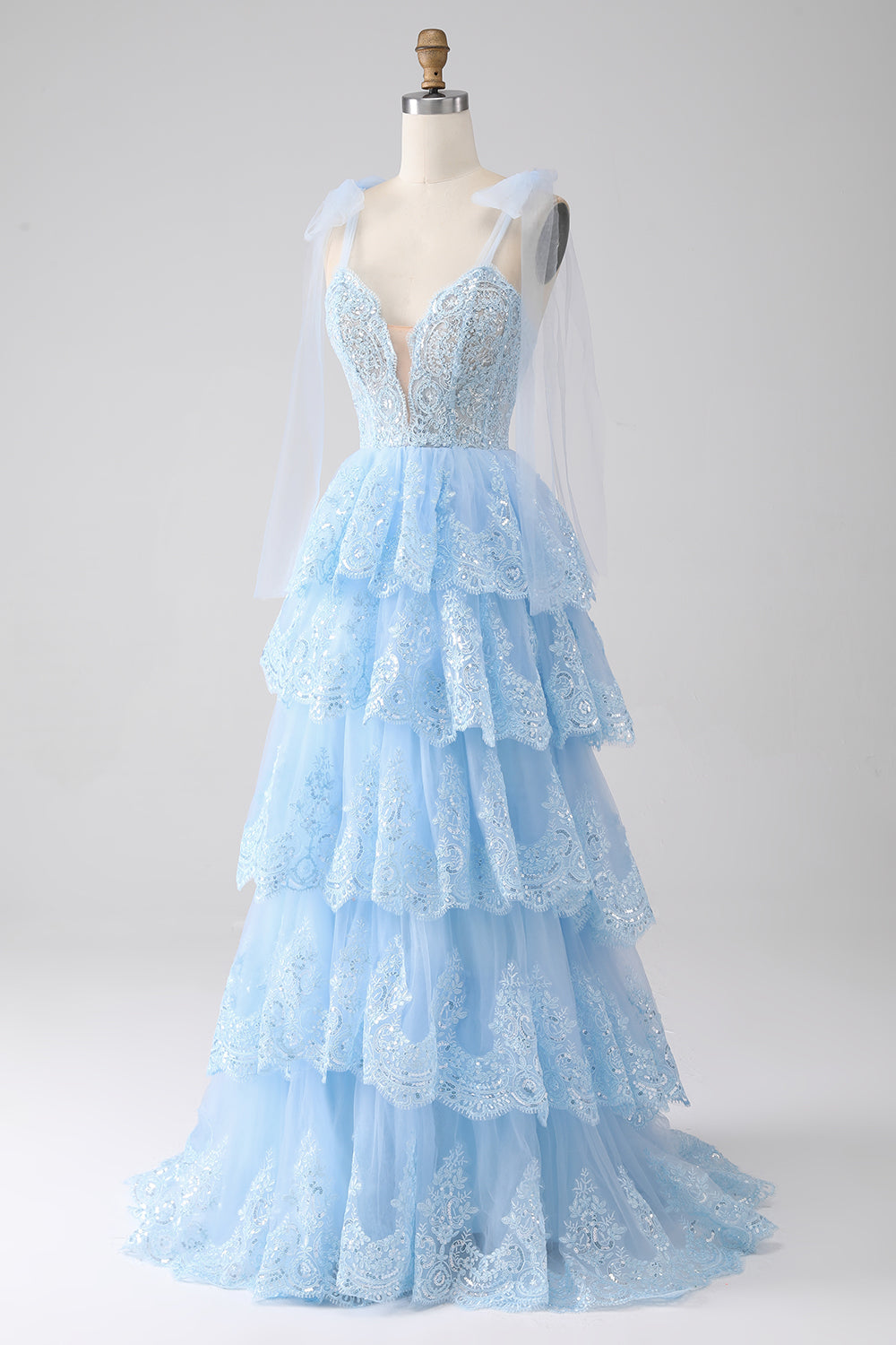 Zapakasa Women Light Blue Prom Dress Sweetheart Bow Tie Straps Tiered