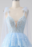 Light Blue Sweetheart Bow Tie Straps Tiered Tulle Sequin Prom Dress with Appliques