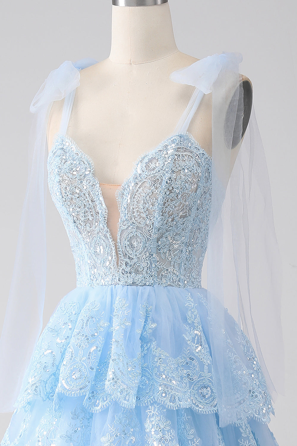 Zapakasa Women Light Blue Prom Dress Sweetheart Bow Tie Straps Tiered