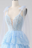 Light Blue Sweetheart Bow Tie Straps Tiered Tulle Sequin Prom Dress with Appliques