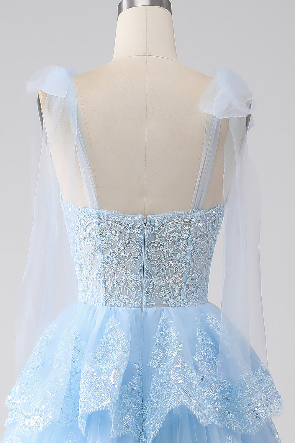 Light Blue Sweetheart Bow Tie Straps Tiered Tulle Sequin Prom Dress with Appliques