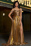 Sparkly Ruched Spaghetti Straps Beaded Metallic Prom Dress With Slit