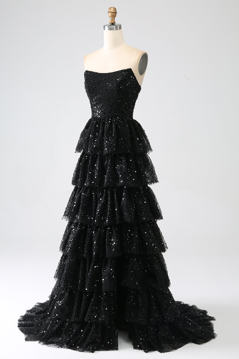 Zapakasa Women Sequins Black Tiered Prom Dress with Slit A-Line Strapless Evening Dress Zapakasa Women Sequins Black Tiered Prom Dress with Slit A-Line Strapless Evening Dress