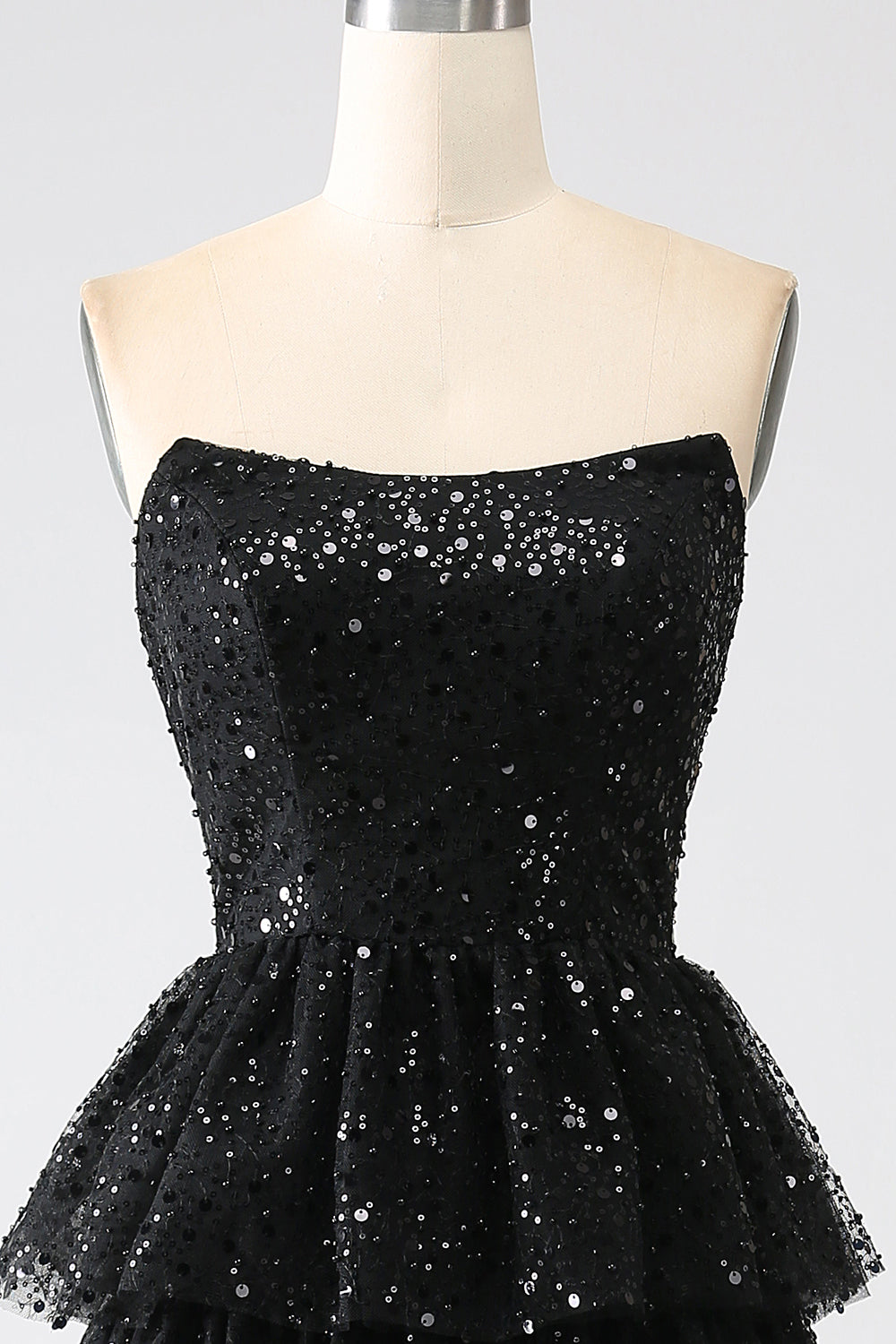 Zapakasa Women Sequins Black Tiered Prom Dress with Slit A-Line Strapless Evening Dress Zapakasa Women Sequins Black Tiered Prom Dress with Slit A-Line Strapless Evening Dress