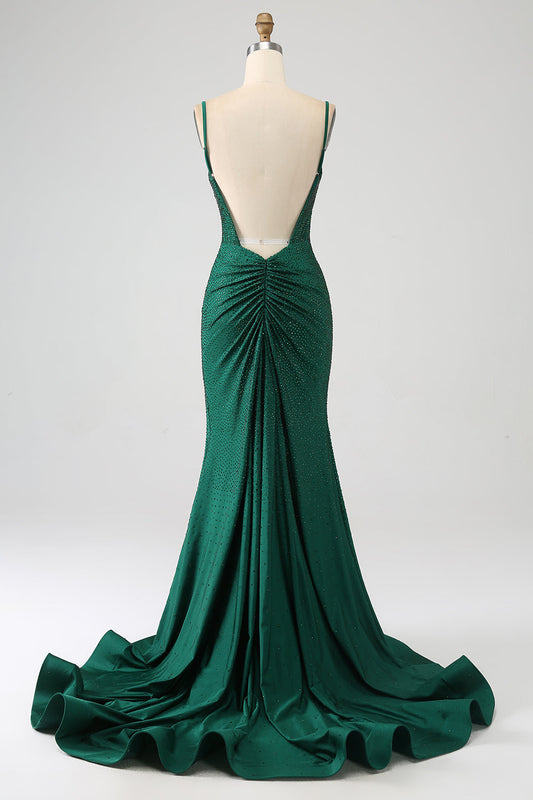 Sparkly Dark Green Beaded Long Mermaid Prom Dress with Slit