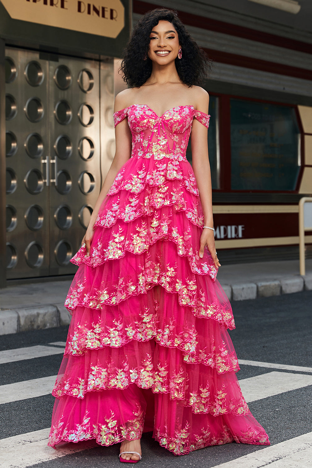 Trendy A Line Off the Shoulder Fuchsia Split Front Corset Prom Dress with Accessories Set