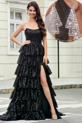 Black Strapless A-Line Long Tiered Prom Dress with Accessory