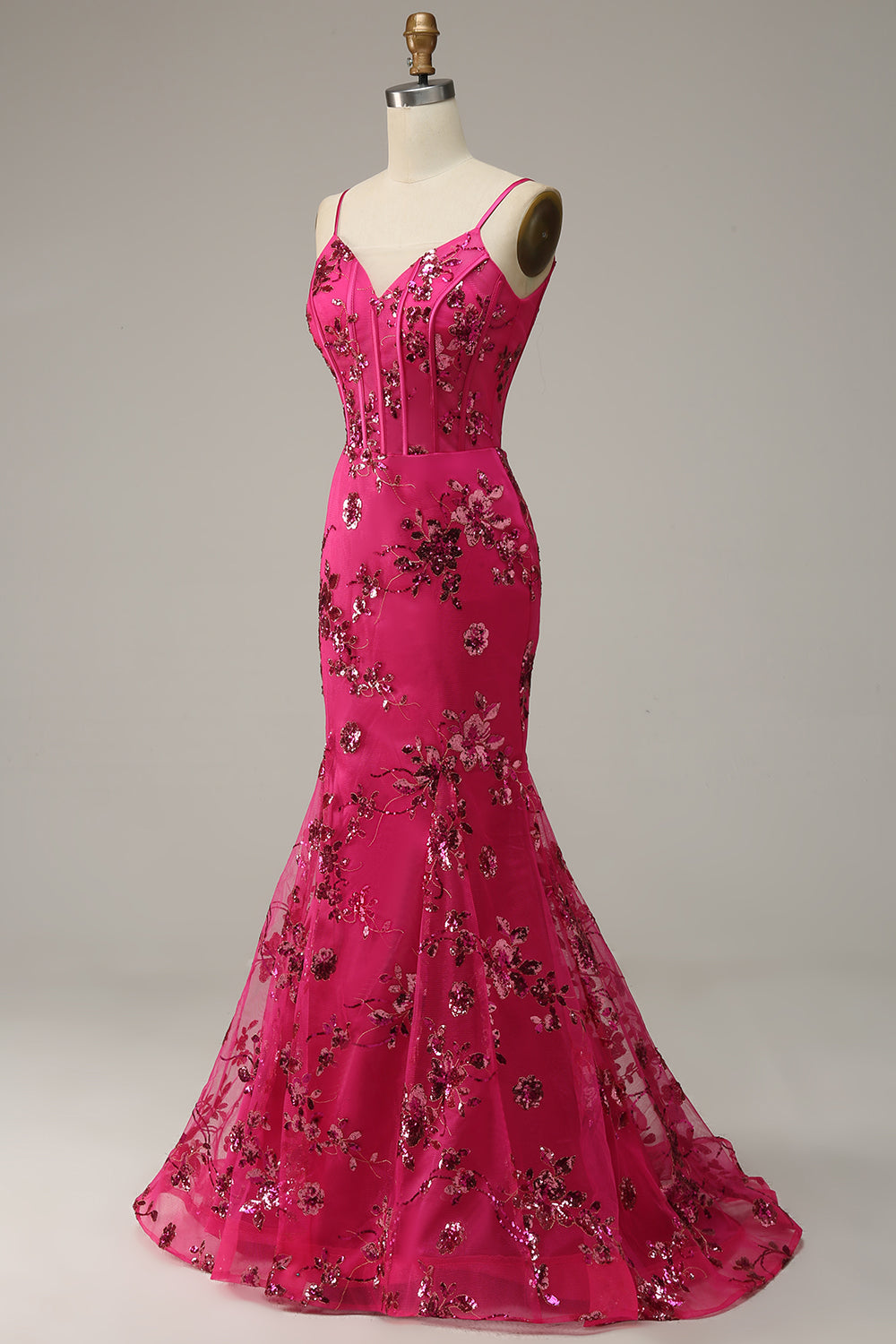 Hot Pink Sequins Print Mermaid Prom Dress