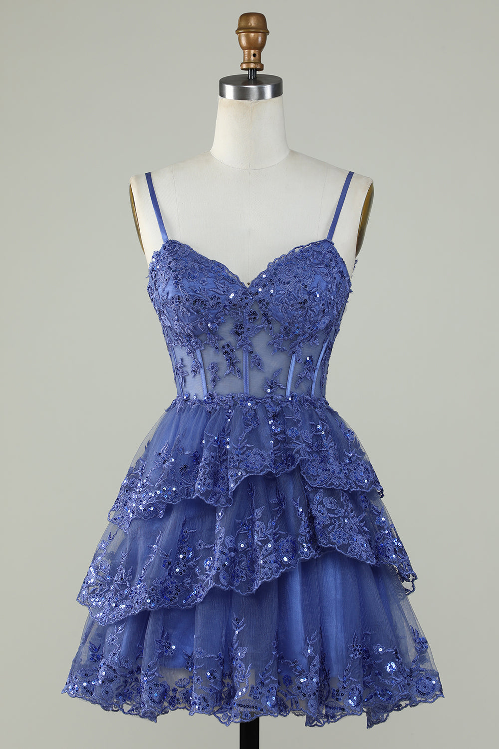 Cute A Line Spaghetti Straps Dark Blue Sparkly Corset Homecoming Dress