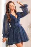 A Line V Neck Navy Short Homecoming Dress with Long Sleeves