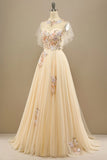 Yellow A Line Long Prom Dress With Appliques