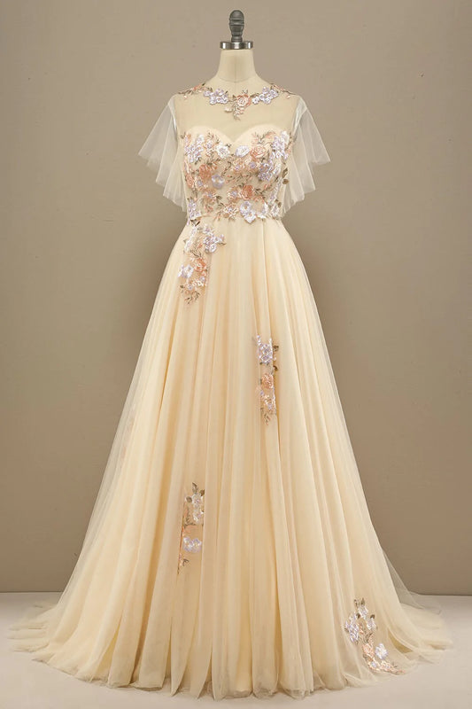 Yellow A Line Long Prom Dress With Appliques