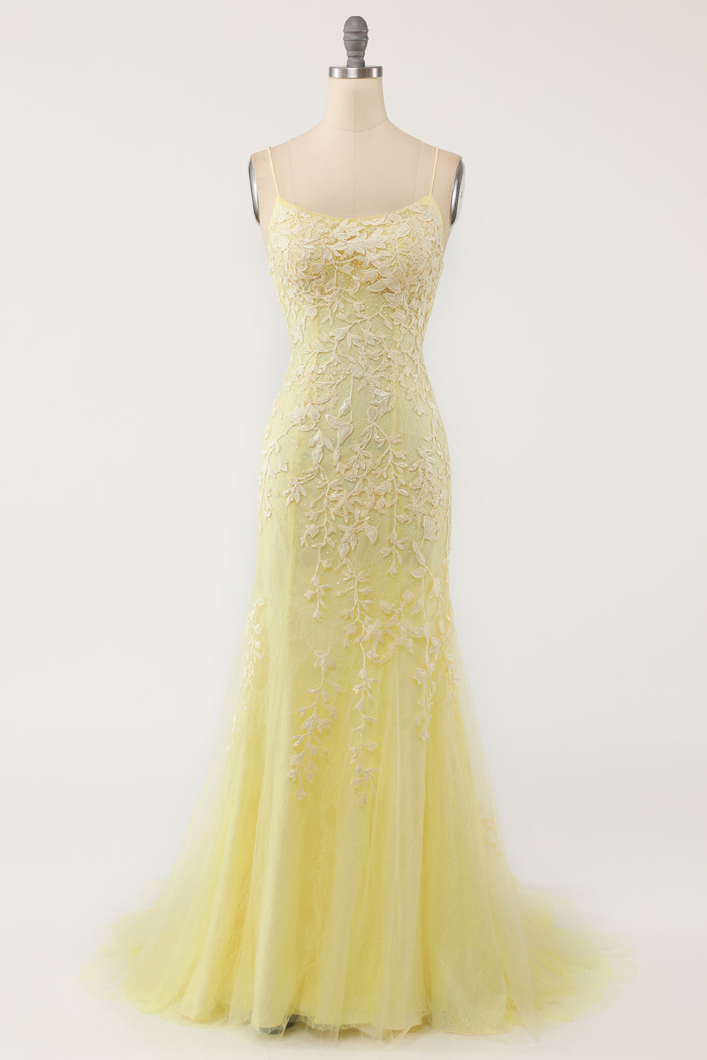 Yellow Mermaid Prom Dress Spaghetti Straps Sleeveless Formal Dress with Appliques