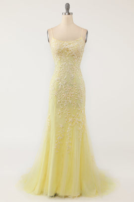 Yellow Mermaid Prom Dress Spaghetti Straps Sleeveless Formal Dress with Appliques