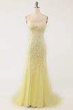 Yellow Mermaid Prom Dress Spaghetti Straps Sleeveless Formal Dress with Appliques