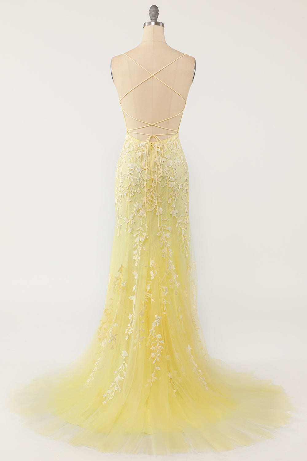 prom dress yellow pastel pastel yellow formal dress Yellow Tulle A-line V-neck Lace Appliques Prom Dresses, Long Formal Dress, MP740