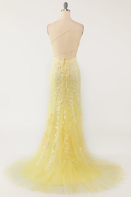 Yellow Mermaid Long Prom Dress with Appliques