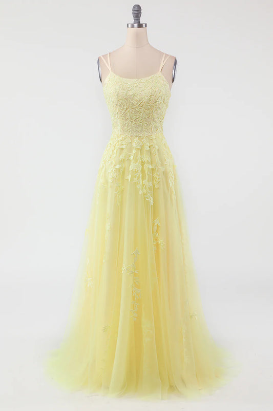 Yellow Spaghetti Straps Prom Dress With Appliques