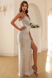 Silver Sequins Prom Dress with Slit
