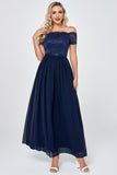 Navy Off the Shoulder Long Chiffon Bridesmaid Formal Dress with Lace
