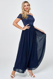 Navy Off the Shoulder Long Chiffon Bridesmaid Formal Dress with Lace