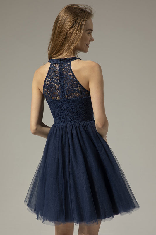Navy Halter Lace Cocktail Party Dress