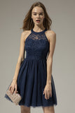 Navy Halter Lace Cocktail Party Dress