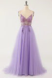 Light Blue Beaded Tulle Spaghetti Straps Prom Dress
