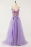 Purple Beaded Tulle Spaghetti Straps Long Prom Dress
