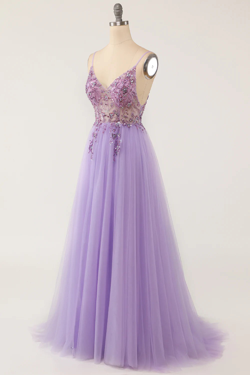 Zapakasa Women Purple Long Prom Dress A Line Spaghetti Straps Tulle Beaded Formal Dress Zapakasa Women Purple Long Prom Dress A Line Spaghetti Straps Tulle Beaded Formal Dress