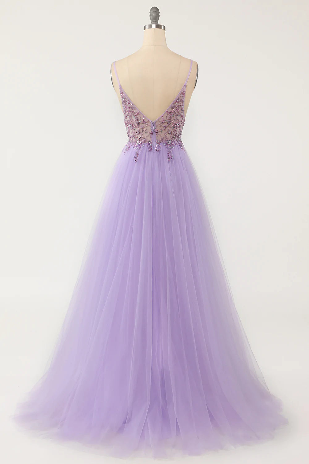Purple Beaded Tulle Spaghetti Straps Long Prom Dress