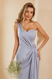 Grey Blue One Shoulder Bridesmaid Dress