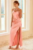 Peach Sheath Long Bridesmaid Dress with Slit
