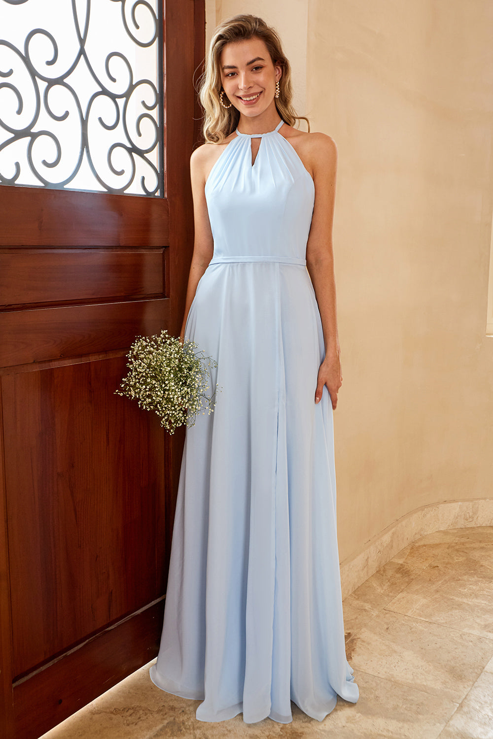 Sky Blue Long Chiffon Bridesmaid Dress with Slit