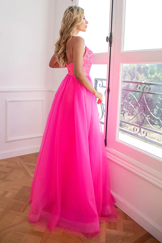 Two Piece Spaghetti Straps Fuchsia Prom Dress with Split Front