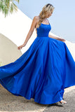 Royal Blue Backless Spaghetti Straps Satin Prom Dress