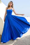 Royal Blue Backless Spaghetti Straps Satin Prom Dress