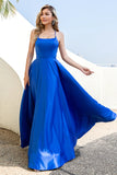 Royal Blue Backless Spaghetti Straps Satin Prom Dress