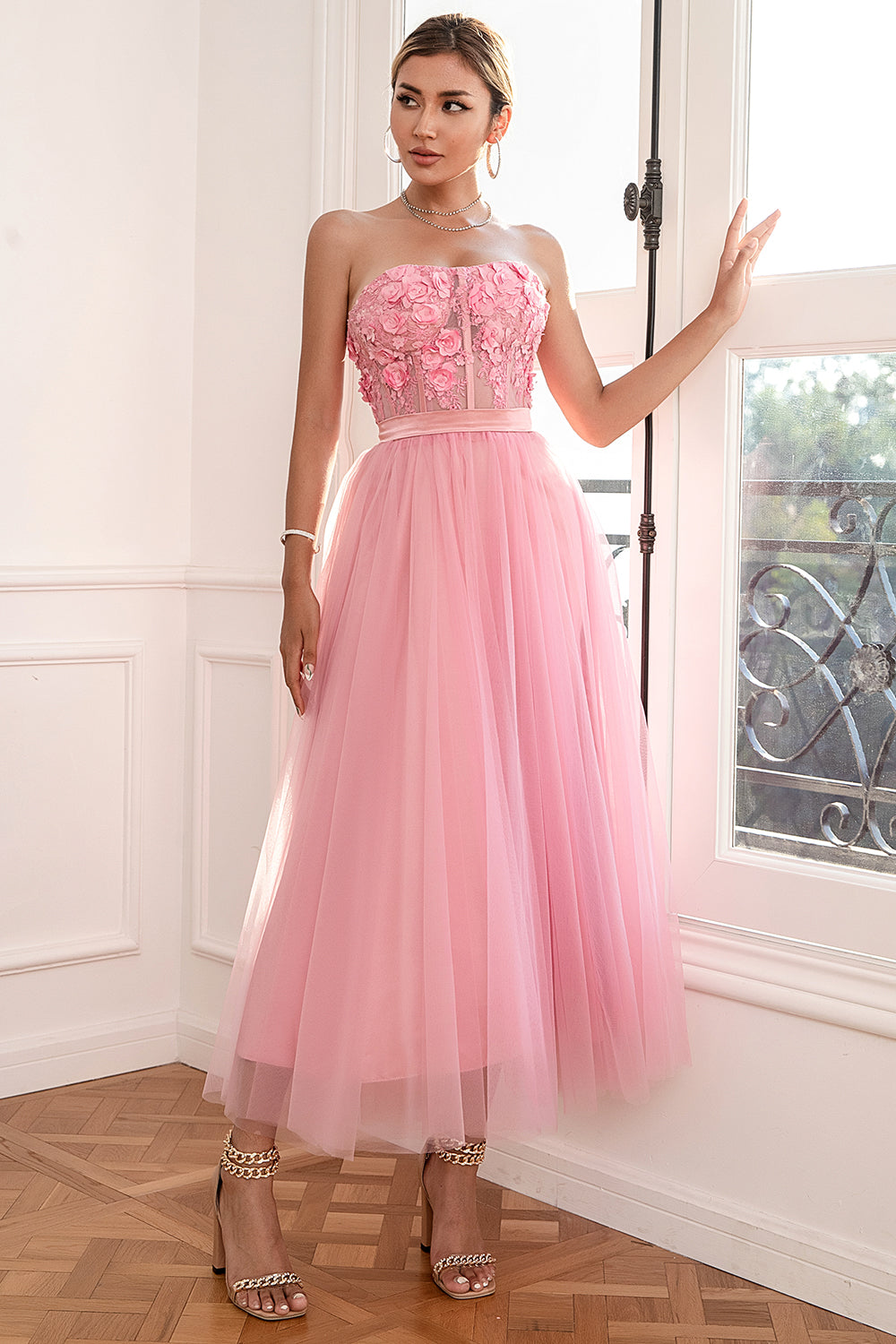 Gorgeous A Line Strapless Pink Prom Dress with Appliques
