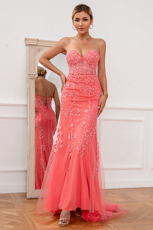 Coral Applique Tulle Prom Dress