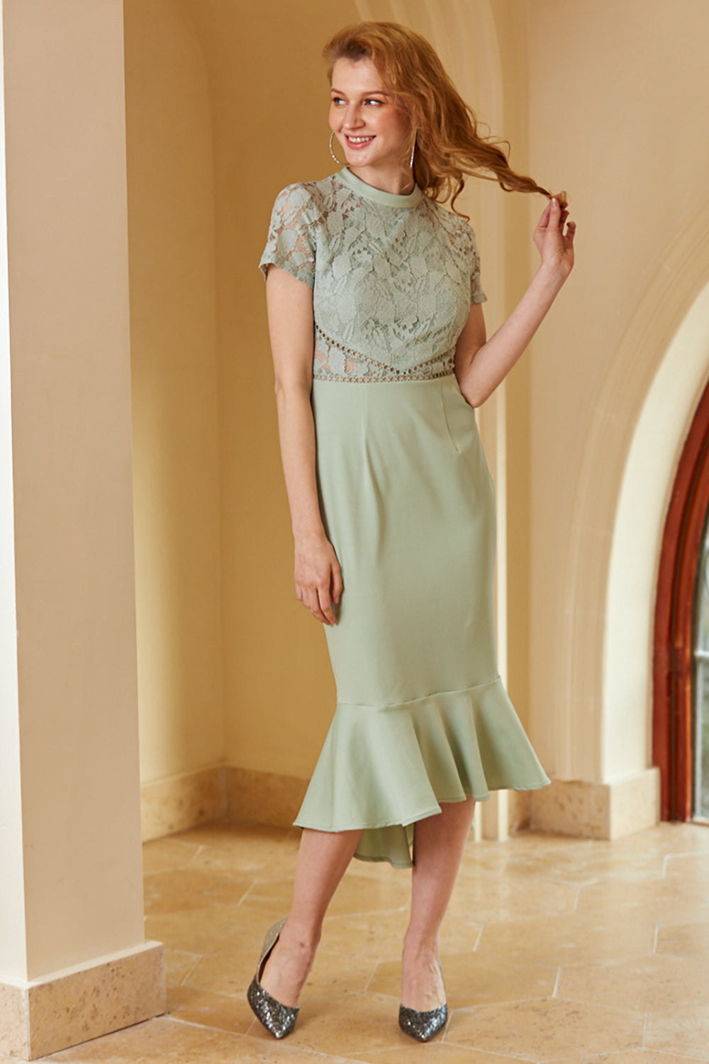 Green Lace Bodycon Wedding Guest Dress