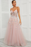 Spaghetti Straps Pink Tulle Prom Dress