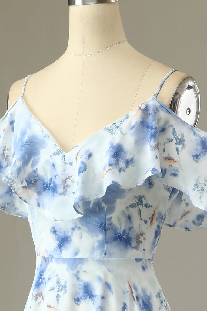 Blue Off The Shoulder Floral A Line Bridesmaid Dress