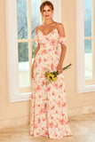 Print Blush Bridesmaid Dress with Ruffle