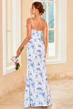 Sheath Spaghetti Straps Blue Floral Print Long Bridesmaid Dress with Split Front