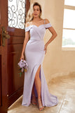 Sheath Off the Shoulder Lilac Long Bridesmaid Dress with Split Front