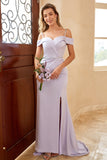 Sheath Off the Shoulder Lilac Long Bridesmaid Dress with Split Front