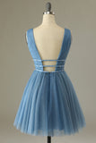 Glitter Grey Blue Tulle Short Prom Dress